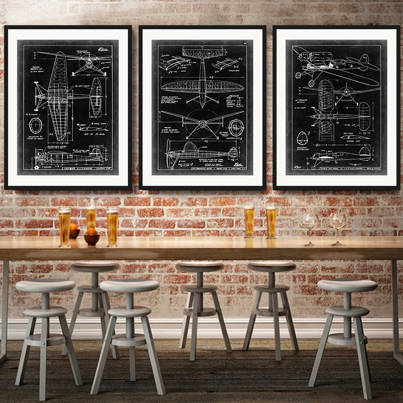 Vintage Fighter Design Diagram - Canvas Wall Art Painting