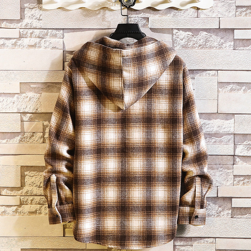 Men's Checked Flannel Overshirt Hoodie with Hood and Chest Pocket Mune Fashion