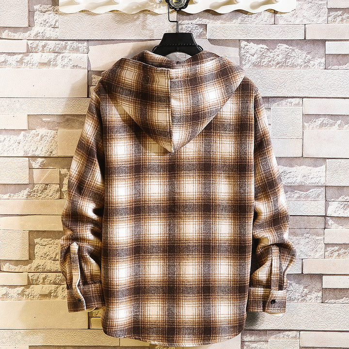 Men's Checked Flannel Overshirt Hoodie with Hood and Chest Pocket Mune Fashion