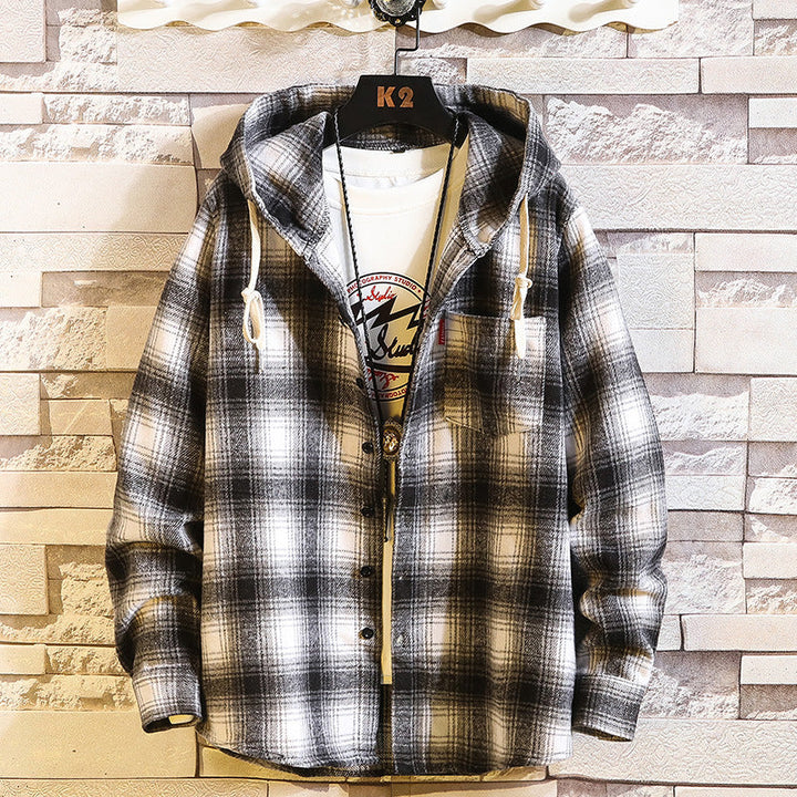 Men's Checked Flannel Overshirt Hoodie with Hood and Chest Pocket Mune Fashion