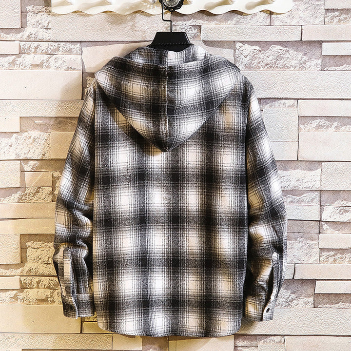 Men's Checked Flannel Overshirt Hoodie with Hood and Chest Pocket Mune Fashion