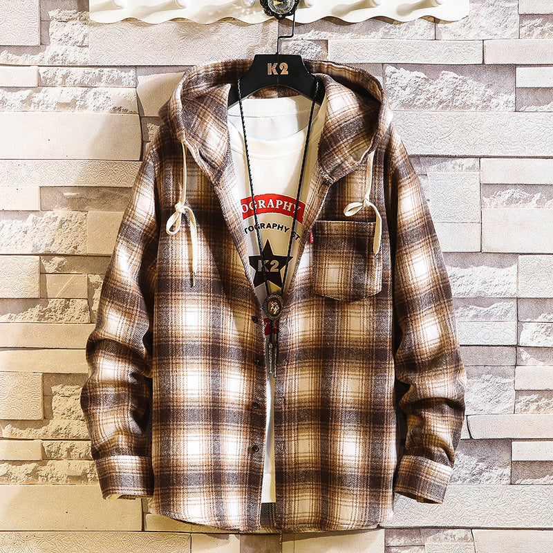 Men's Checked Flannel Overshirt Hoodie with Hood and Chest Pocket Mune Fashion