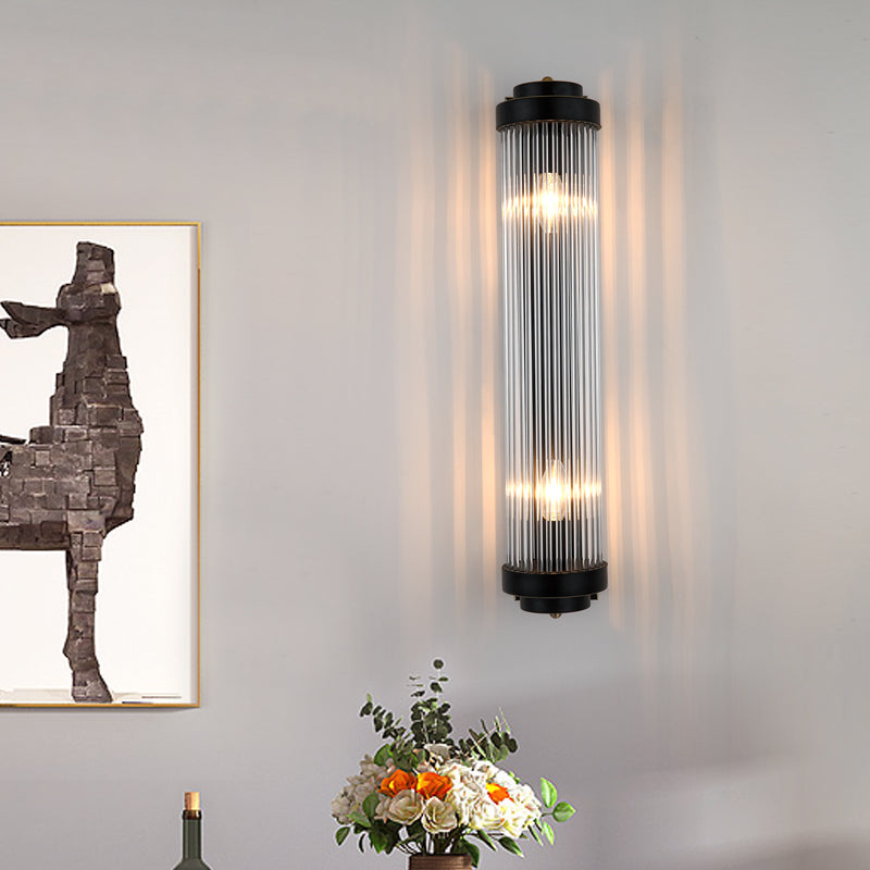 Pipe Wall Mounted Lamp Modern Style Clear Crystal and Metal 2 Lights Sconce Fixture in Black for Bedside