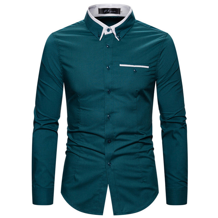 Men's tailored long sleeve shirt with contrast button-down collar and chest piping Mune Fashion