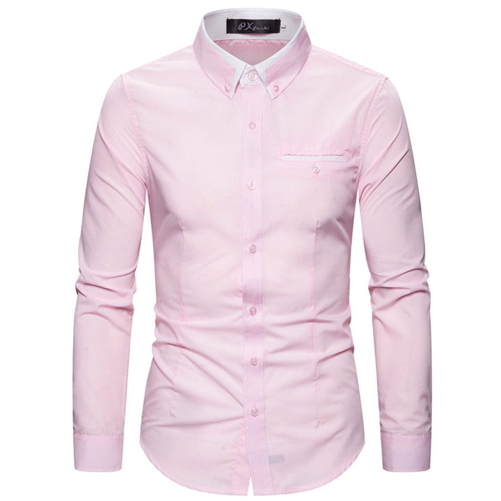 Men's tailored long sleeve shirt with contrast button-down collar and chest piping Mune Fashion