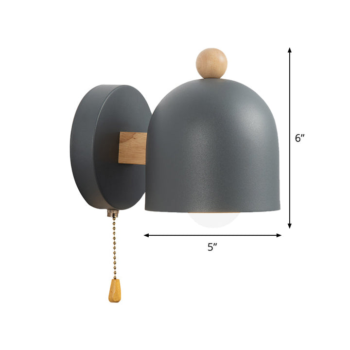 Nordic Small Dome Pull-Chain Wall Lamp Iron 1 Bulb Bedroom Wall Mount Lighting in Grey with Wood Detail