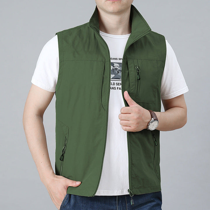 Men's Lightweight Multifunctional Outdoor Vest with Zipper Pockets and Stand Collar Mune Fashion