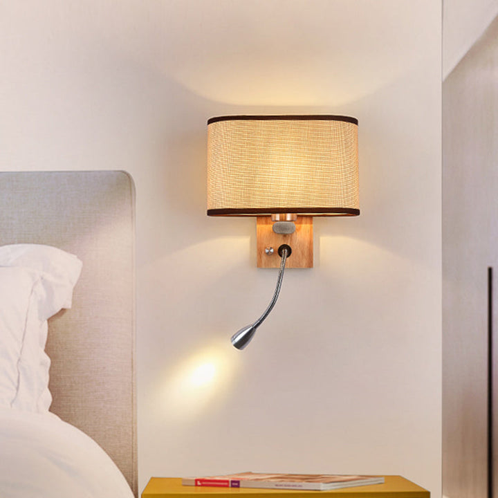 Flexible Spotlight Bedside Reading Light Fabric Single Nordic Wall Lamp with Oval Fabric Shade in Beige/Flaxen/Champagne