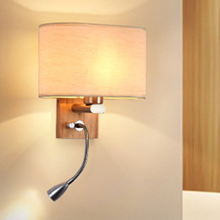Flexible Spotlight Bedside Reading Light Fabric Single Nordic Wall Lamp with Oval Fabric Shade in Beige/Flaxen/Champagne