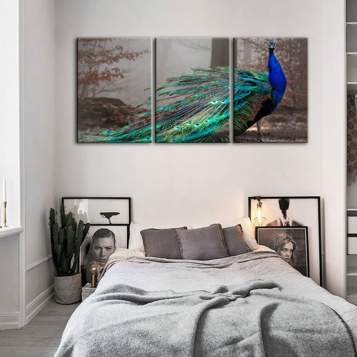 Vivid Peacock By The Pond-Canvas Wall Art Painting 3 Pieces
