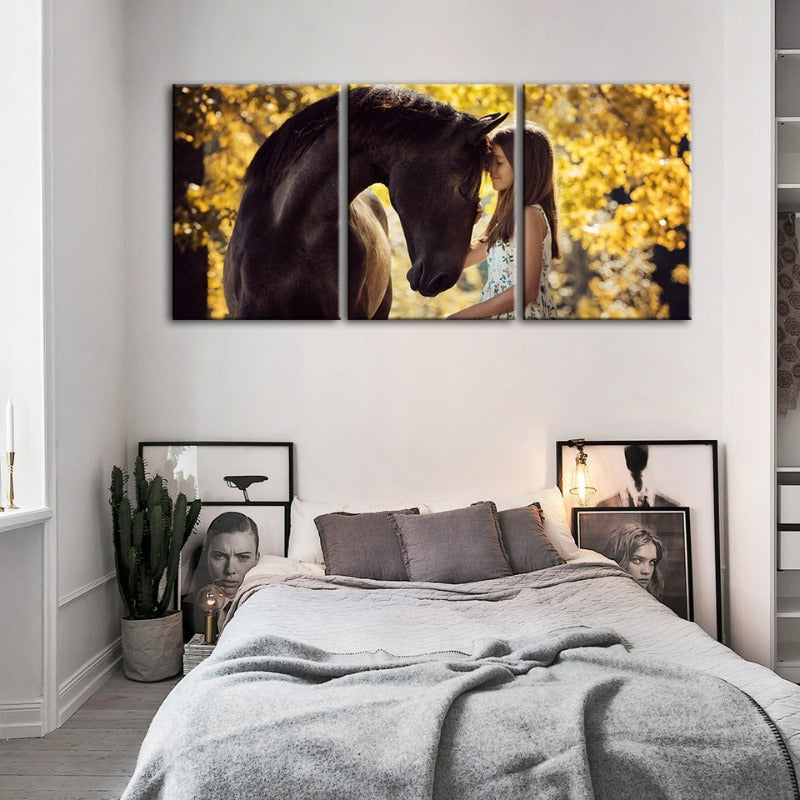 Friendship Between a Girl and Horse-Canvas Wall Art Painting 3 Pieces