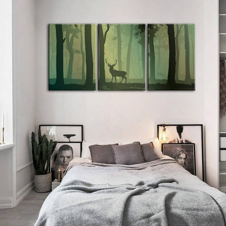 Enchanted Green Toned Silhouetted Deer-Canvas Wall Art Painting 3 Pieces