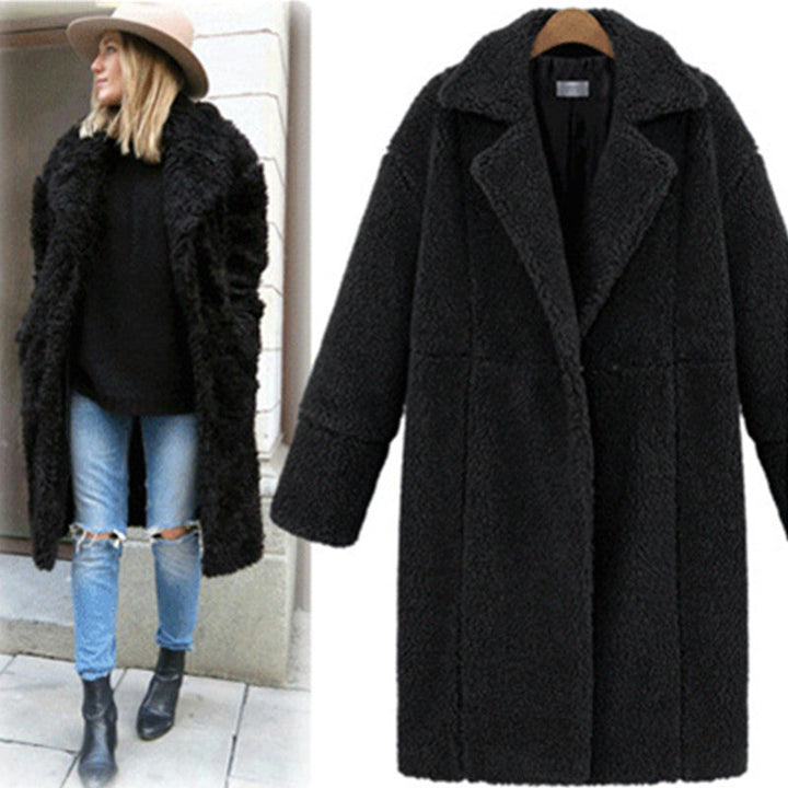 Women's teddy coat with lapel collar, knee-length cut and soft Sherpa look Mune Fashion