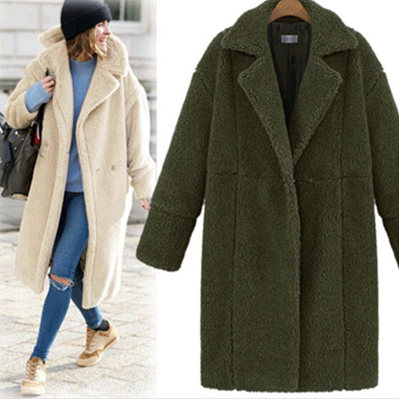 Women's teddy coat with lapel collar, knee-length cut and soft Sherpa look Mune Fashion