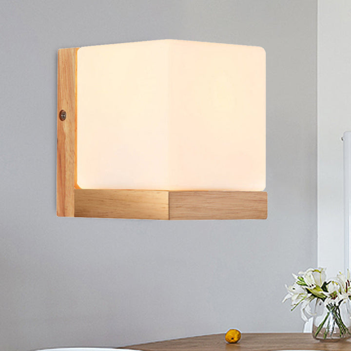 Hotel Restaurant Cube Wall Lamp Opal Glass Wood 1 Light Japanese Style White Wall Lamp