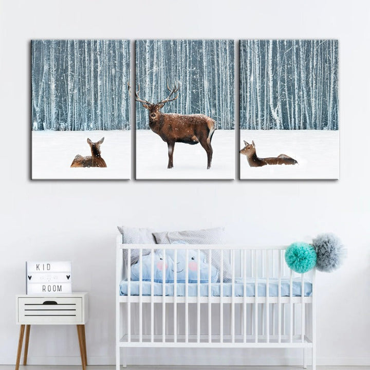 Two Does And A Deer In Winter-Canvas Wall Art Painting 3 Pieces