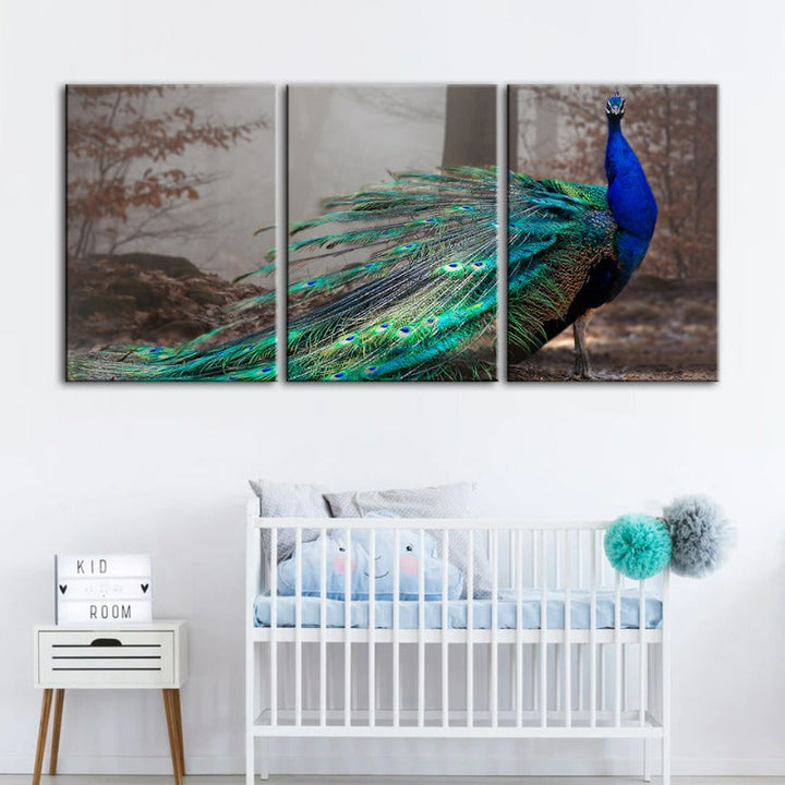 Vivid Peacock By The Pond-Canvas Wall Art Painting 3 Pieces