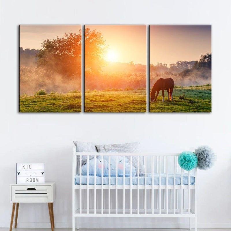 Sunrise Grazing Horse-Canvas Wall Art Painting 3 Pieces