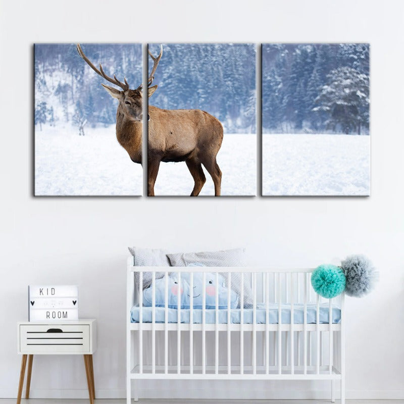 Snowy Landscape Deer-Canvas Wall Art Painting 3 Pieces
