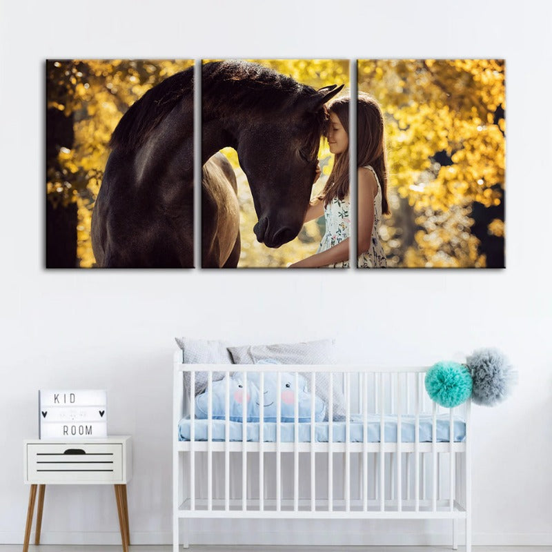 Friendship Between a Girl and Horse-Canvas Wall Art Painting 3 Pieces