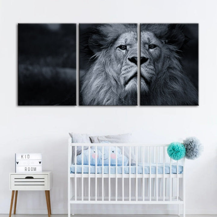Grayscale Concerned Lion-Canvas Wall Art Painting 3 Pieces