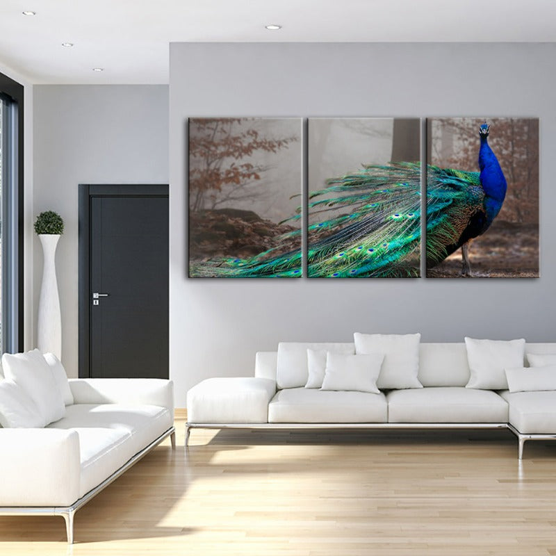 Vivid Peacock By The Pond-Canvas Wall Art Painting 3 Pieces
