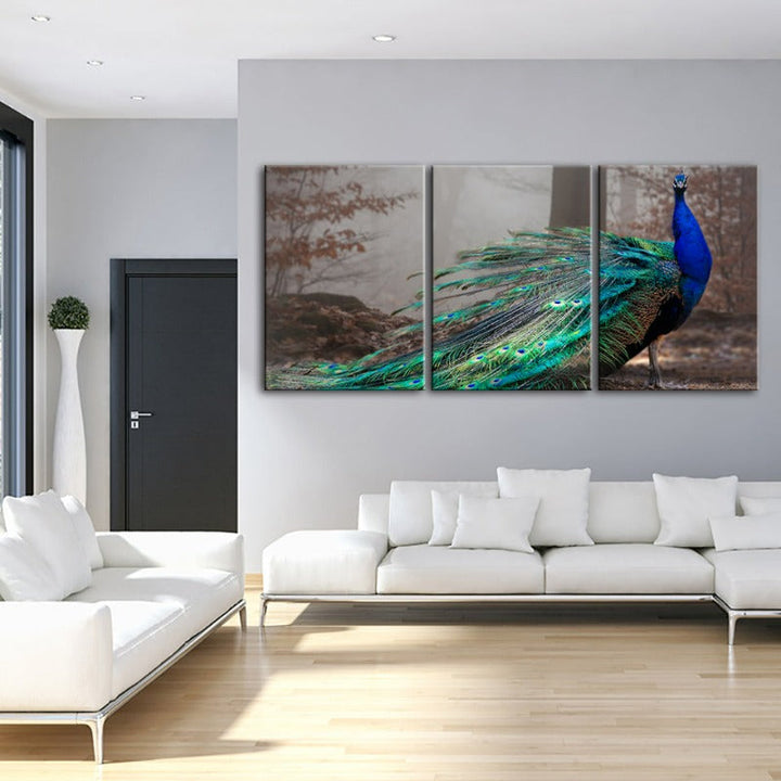 Vivid Peacock By The Pond-Canvas Wall Art Painting 3 Pieces