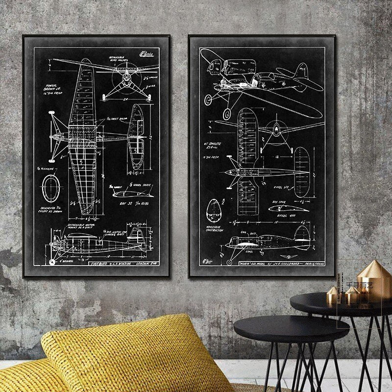 Vintage Fighter Design Diagram - Canvas Wall Art Painting