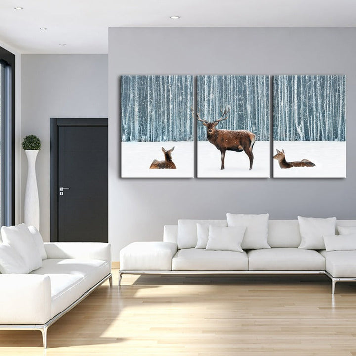 Two Does And A Deer In Winter-Canvas Wall Art Painting 3 Pieces