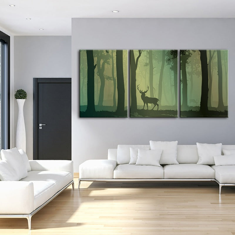 Enchanted Green Toned Silhouetted Deer-Canvas Wall Art Painting 3 Pieces