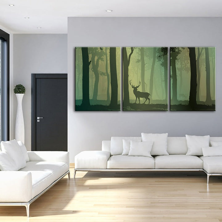 Enchanted Green Toned Silhouetted Deer-Canvas Wall Art Painting 3 Pieces