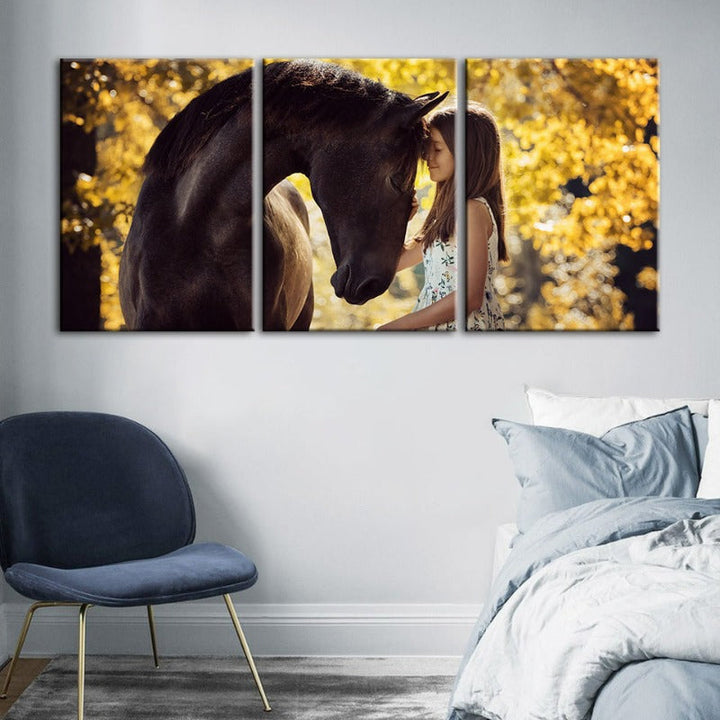 Friendship Between a Girl and Horse-Canvas Wall Art Painting 3 Pieces