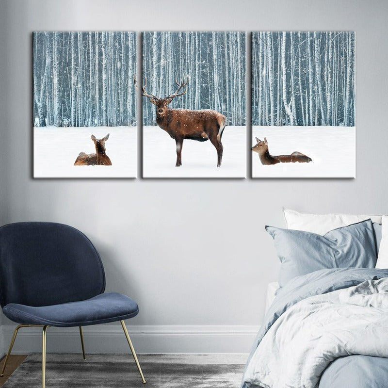 Two Does And A Deer In Winter-Canvas Wall Art Painting 3 Pieces