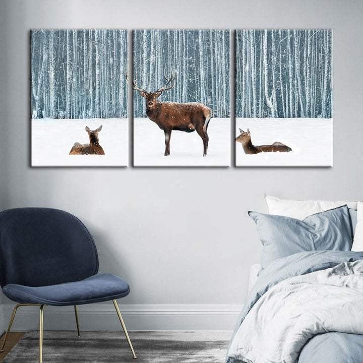Two Does And A Deer In Winter-Canvas Wall Art Painting 3 Pieces