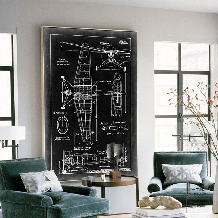Vintage Fighter Design Diagram - Canvas Wall Art Painting