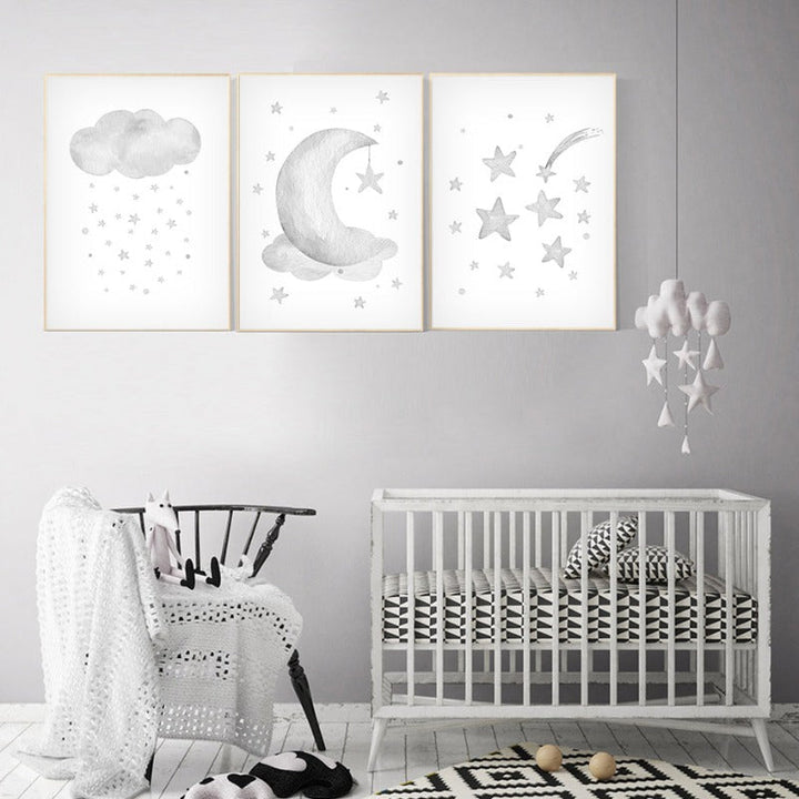 Grey Moon Stars Cloud Nursery - Canvas Wall Art Painting