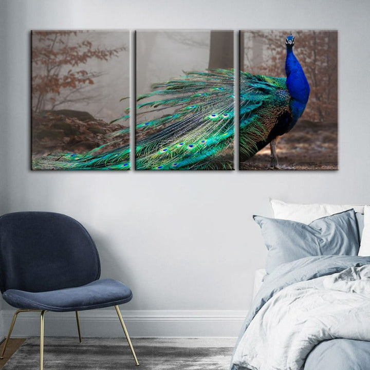 Vivid Peacock By The Pond-Canvas Wall Art Painting 3 Pieces