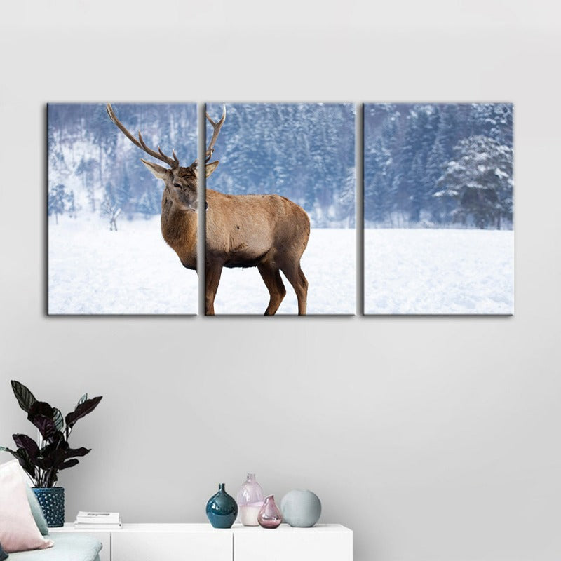 Snowy Landscape Deer-Canvas Wall Art Painting 3 Pieces
