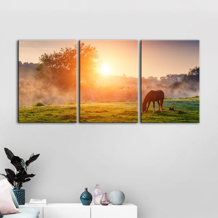 Sunrise Grazing Horse-Canvas Wall Art Painting 3 Pieces