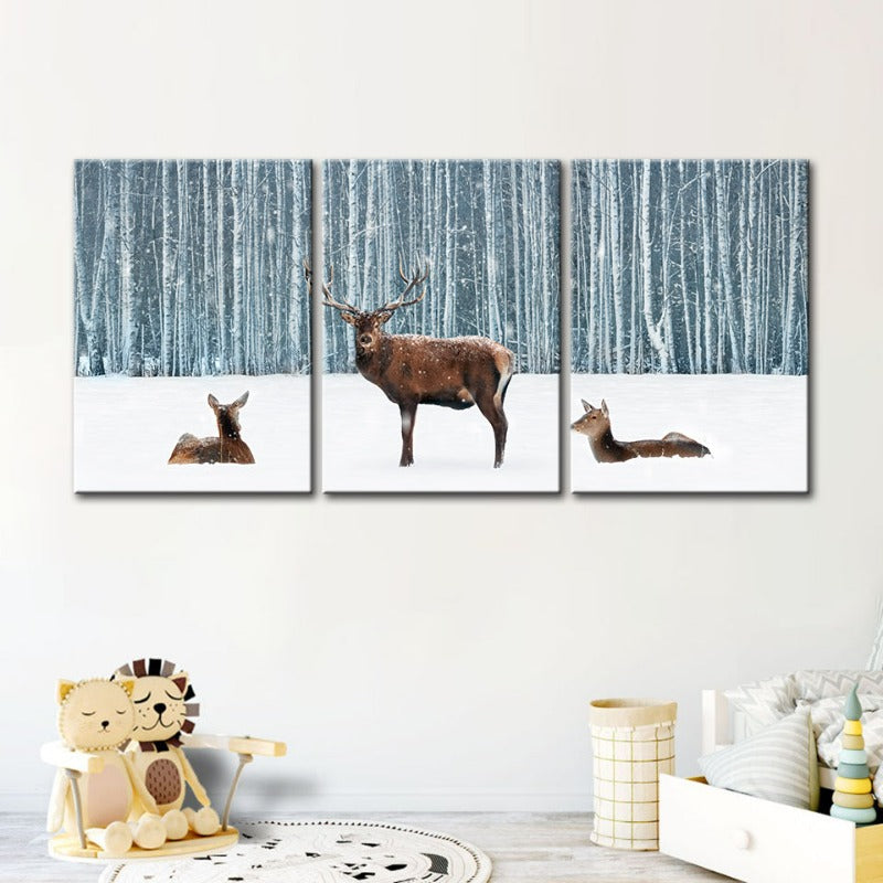 Two Does And A Deer In Winter-Canvas Wall Art Painting 3 Pieces