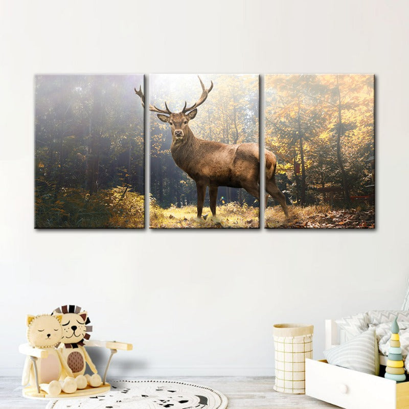 Majestic Deer in the Woods-Canvas Wall Art Painting 3 Pieces