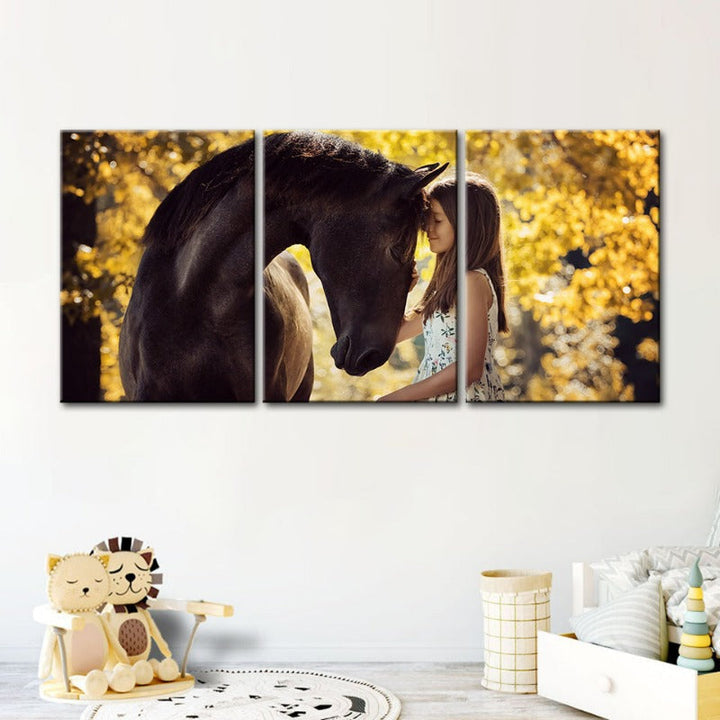 Friendship Between a Girl and Horse-Canvas Wall Art Painting 3 Pieces