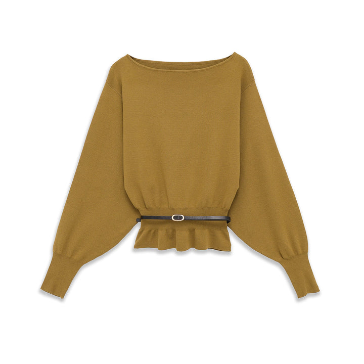 Women's bat sweater with wide sleeves, gathered waist and narrow belt Mune Fashion