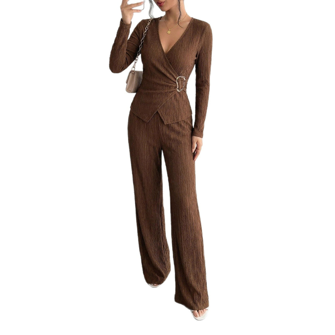 Women's tailored wrap two-piece with decorative buckle and wide pant leg Mune Fashion
