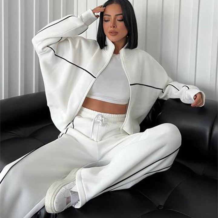 Women's casual sweatset with stand-up collar zip cropped jacket and high-waisted flared pants Mune Fashion