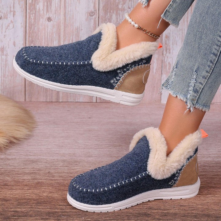 Ladies Padded Short Boot Slippers with Faux Fur Collar and Non-Slip Rubber Sole Mune Fashion