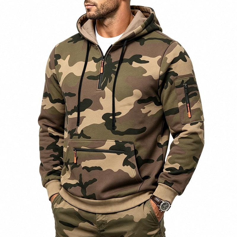 Men's Hoodie with Camouflage Pattern, Zipper Pockets and Kangaroo Pocket Mune Fashion