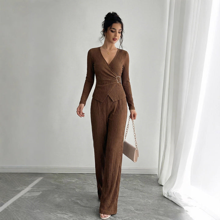 Women's tailored wrap two-piece with decorative buckle and wide pant leg Mune Fashion