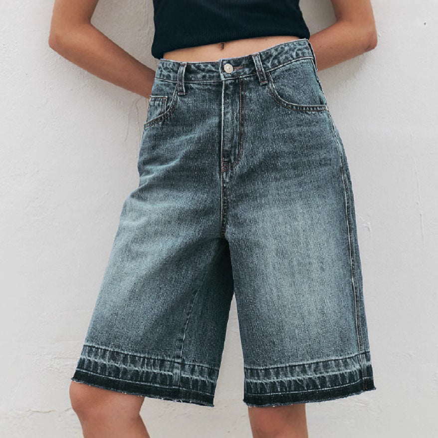 Women's High-Waisted Wide-Leg Denim Shorts with Textured Finish