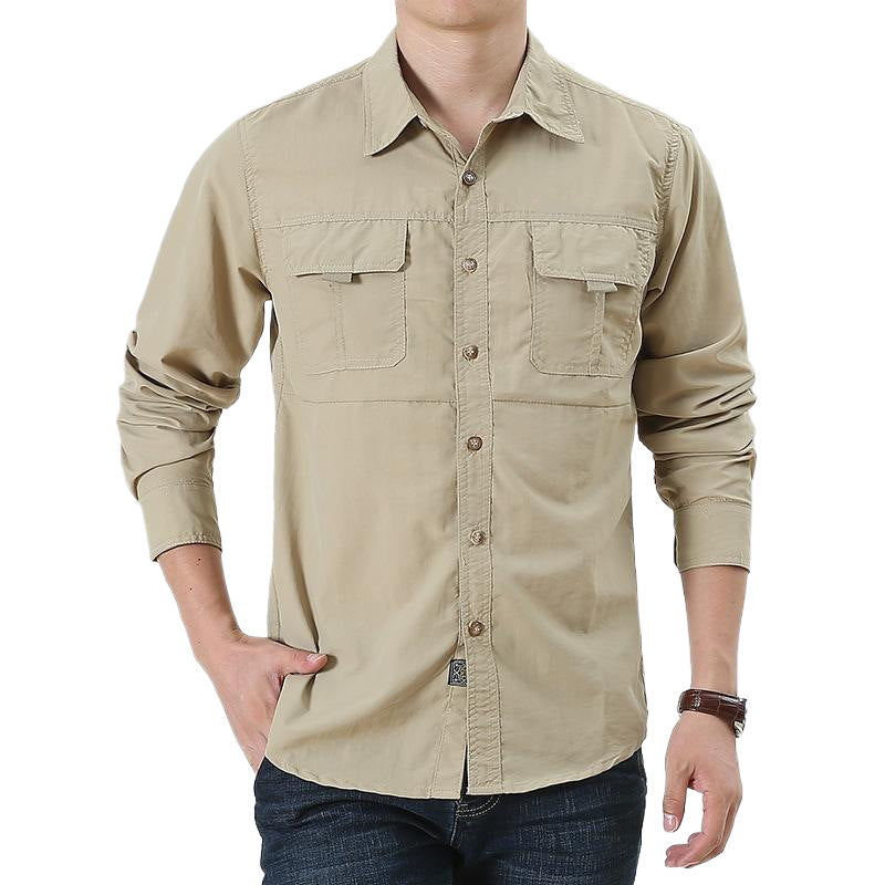 Men's breathable travel safari shirt with double-flap breast pockets, roll-up sleeve system and wrinkle-free cotton blend Mune Fashion